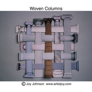 Puede incluir: Un patrón tejido de columnas de varios colores, cada una con un estilo de capitel diferente. Las columnas están dispuestas en una cuadrícula, creando un diseño único e intrincado. La imagen se titula "Columnas tejidas" y se acredita a Joy Johnson.