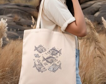 School of Fish, Fish Tote Bag, Cotton bag, Eco Friendly, Canvas Tote, Bag, Fish Bag, Minimalist, Aesthetic Nature, Simple Canvas Bag, Gift