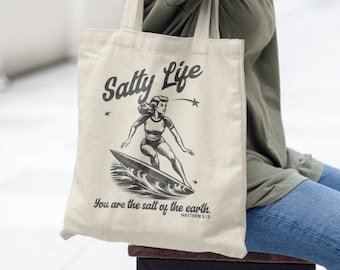 Christian Salty Retro Surfer Tote Bag Scripture Verse Beach Bag Bible Study Church Bag Christian Merch Christian Grocery Shopping Bag