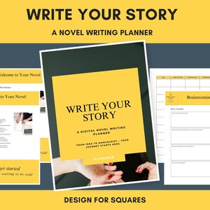 Puede incluir: Un planificador digital de escritura de novelas titulado Write Your Story, con páginas amarillas y blancas con texto en negro. El planificador incluye secciones para lluvia de ideas, conceptos de historias y tablas organizadas en un diseño limpio.