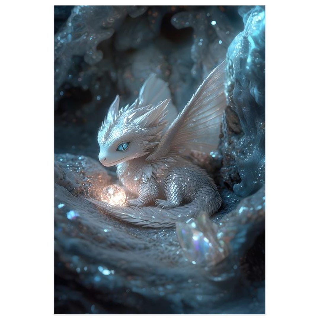 Mystical Silver Dragon Art Print - Fantasy Baby Dragon With Crystal ...