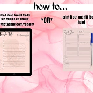 K&ouml;nnte beinhalten: Ein digitales Tablet und eine gedruckte To-Do-Liste auf rosa Hintergrund. Das Tablet zeigt eine To-Do-Liste mit einem Blattdesign. Die gedruckte Liste hat Abschnitte f&uuml;r Aufgaben, Termine und Notizen. Text enth&auml;lt Anweisungen zur Verwendung der Listen.
