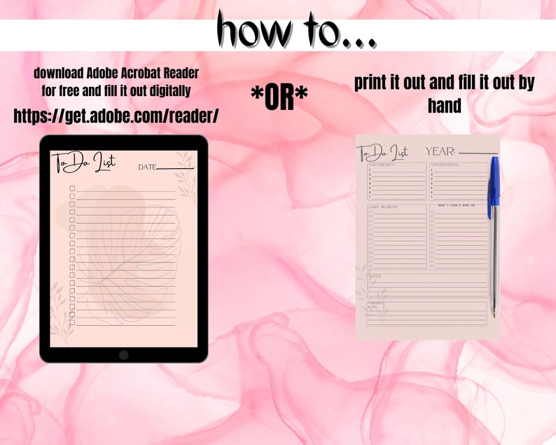 K&ouml;nnte beinhalten: Ein digitales Tablet und eine gedruckte To-Do-Liste auf rosa Hintergrund. Das Tablet zeigt eine To-Do-Liste mit einem Blattdesign. Die gedruckte Liste hat Abschnitte f&uuml;r Aufgaben, Termine und Notizen. Text enth&auml;lt Anweisungen zur Verwendung der Listen.