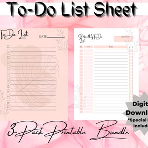 K&ouml;nnte beinhalten: Ein 3er-Pack druckbarer To-Do-Listenbl&auml;tter. Die Bl&auml;tter sind in einem zarten Rosa mit einem Aquarellhintergrund gehalten. Ein Blatt ist eine t&auml;gliche To-Do-Liste, das andere eine monatliche To-Do-Liste. Der Text "To-Do List Sheet" steht oben.