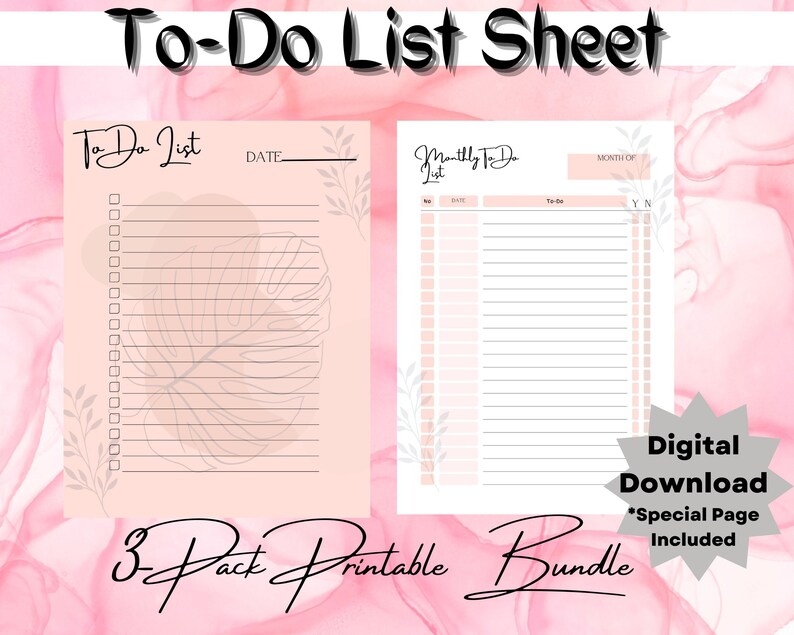 K&ouml;nnte beinhalten: Ein 3er-Pack druckbarer To-Do-Listenbl&auml;tter. Die Bl&auml;tter sind in einem zarten Rosa mit einem Aquarellhintergrund gehalten. Ein Blatt ist eine t&auml;gliche To-Do-Liste, das andere eine monatliche To-Do-Liste. Der Text "To-Do List Sheet" steht oben.