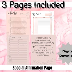 K&ouml;nnte beinhalten: Ein digitaler Download mit drei Seiten: eine To-Do-Liste, eine monatliche To-Do-Liste und ein Jahresplaner. Die Seiten sind hellrosa mit floralen Akzenten und dem Text "3 Pages Included" und "Special Affirmation Page."