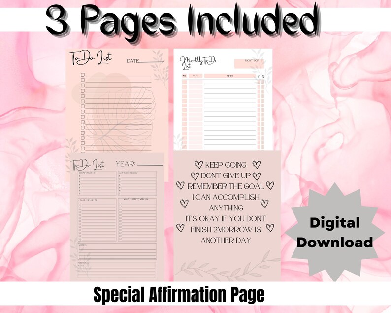 K&ouml;nnte beinhalten: Ein digitaler Download mit drei Seiten: eine To-Do-Liste, eine monatliche To-Do-Liste und ein Jahresplaner. Die Seiten sind hellrosa mit floralen Akzenten und dem Text "3 Pages Included" und "Special Affirmation Page."