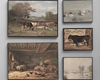 Farmhouse Vintage Wall Art, Set of 5 Moody Countryside Antique Paintings, Rustic Homestead Animal Prints, Animal Landscape, Barnyard Animals