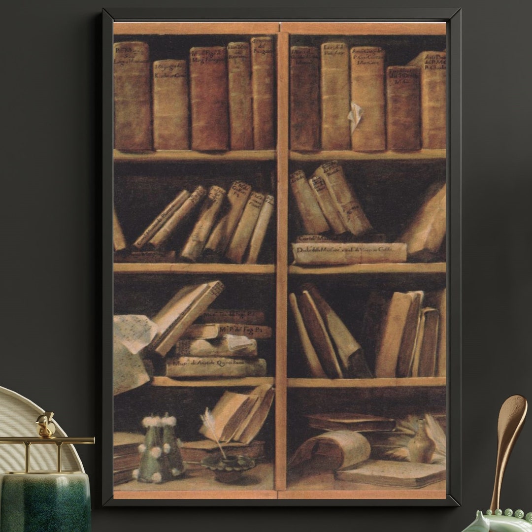 Dark Vintage Bookshelf Print Literary Book Lover Moody Rustic Wall Art ...