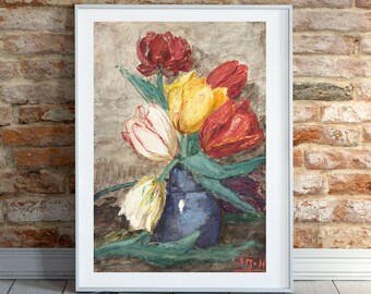 Antieke tulpen stillevenprint: Nederlands bloemenschilderij (digitale download)