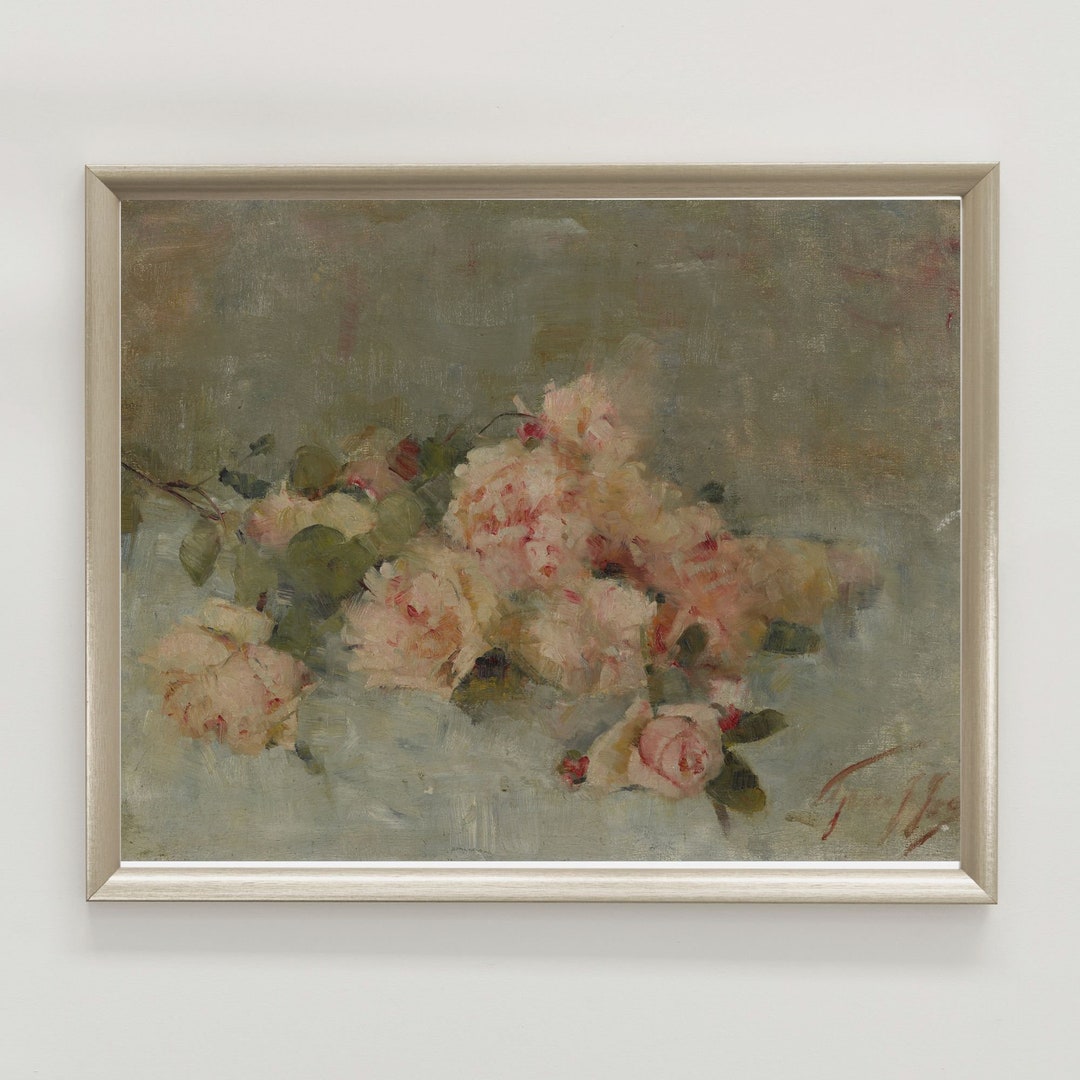 Vintage Rose Oil Painting Print: Moody Floral Still Life (digital ...