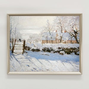 Snowy Country Wall Art, Winter Landscape Print, Vintage French Wall Decor, Winter Cottage Print, Claude Monet Magpie Oil Painting Printable