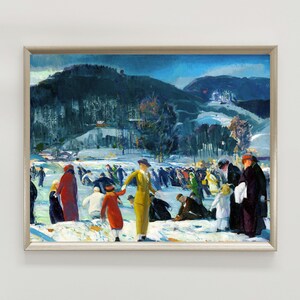 Vintage winterlandschap schilderij, antieke vakantie afdrukbare, downloadbare winters tafereel, Victoriaanse winter bergscène schilderij muur decor