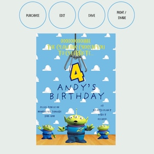 Puede incluir: Una invitación de cumpleaños con un fondo de cielo azul y nubes, con el texto "The Claw Has Chosen You To Celebrate..." y "Andy's Birthday". El número "4" se muestra de forma destacada. Incluye tres personajes alienígenas verdes.