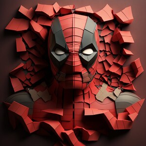 Pu&ograve; includere: Un'illustrazione 3D di una testa di supereroe che esce da un muro rosso screpolato. La maschera del supereroe &egrave; composta da forme geometriche, in rosso e nero.