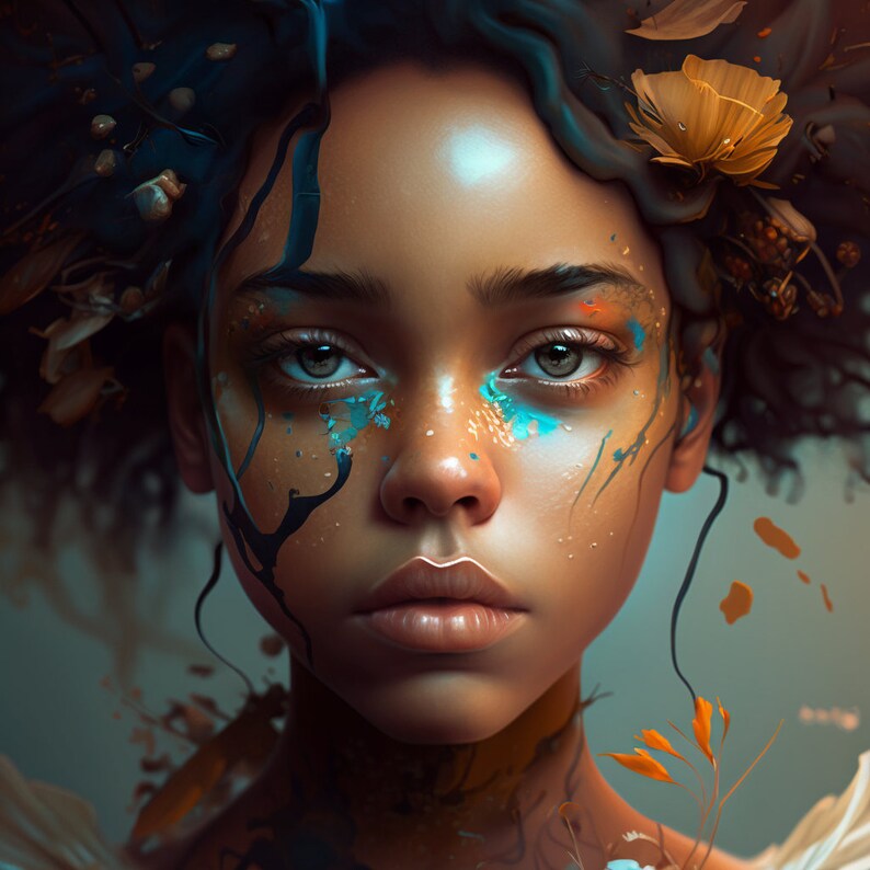 Pu&ograve; includere: Un ritratto ravvicinato di una persona con capelli ricci scuri e trucco blu e oro. La persona indossa una corona di fiori con un fiore giallo.