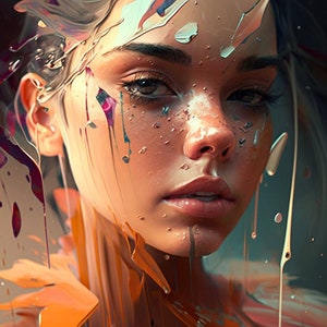 Pu&ograve; includere: Un ritratto ravvicinato di una persona con schizzi di vernice colorata sul viso. La vernice cola lungo il viso e il collo, creando un effetto vibrante e astratto.