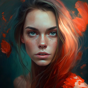 Pu&ograve; includere: Un ritratto di una donna con lunghi capelli rossi fluenti. Il suo viso &egrave; incorniciato da schizzi di vernice rossa, creando un effetto drammatico e artistico.