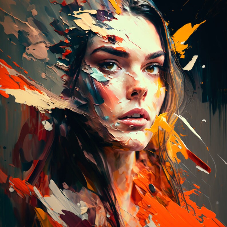 Pu&ograve; includere: Dipinto astratto di un viso di donna con pennellate colorate e schizzi di vernice. Il viso della donna &egrave; parzialmente oscurato dalla vernice, ma i suoi occhi, il naso e la bocca sono visibili. I colori del dipinto sono principalmente caldi, con sfumature di arancione, giallo e rosso.