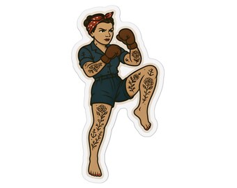 Rosie the Riveter Boxer Woman Custom Shape Magnet | Feminist Vintage Tattoo Art MMA Muay Thai