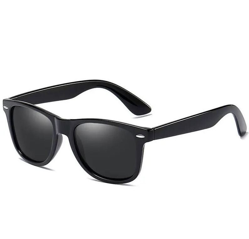 May include: Black sunglasses with a classic, rectangular frame and dark lenses.