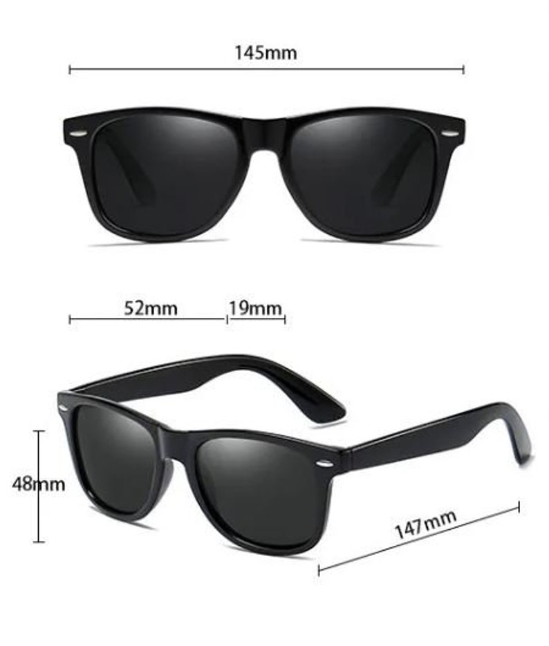 May include: Black sunglasses with a classic rectangular frame. The sunglasses have a 52mm lens width, 19mm bridge width, 147mm arm length, and 48mm height.