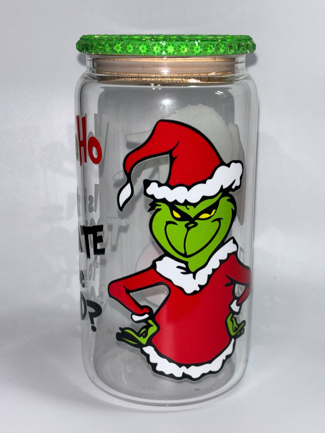 16oz Grinch Clear Libbey Glass Cup With Green Rhinestone Lid Etsy
