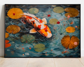 Pintura al óleo de un estanque koi, impresión artística de un solo koi en un estanque en un día lluvioso, arte de pared imprimible, descarga digital, obra de arte instantánea