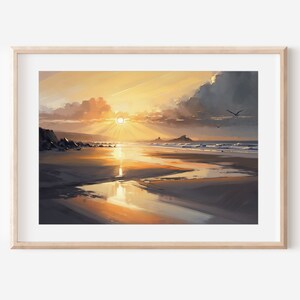 Vibrant sunset over beach oil painting, waves crashing, printable wall art, digital download, instant artwork
