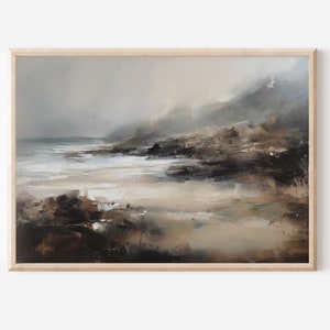 Mystical coastal landscape, oil painting of foggy beach with rocky terrain, vintage colors, printable wall art, digital download, wall art