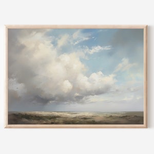 Serene oil painting of large clouds over sand dunes, low horizon, artful art, vintage colors, printable wall art, digital download, wall art