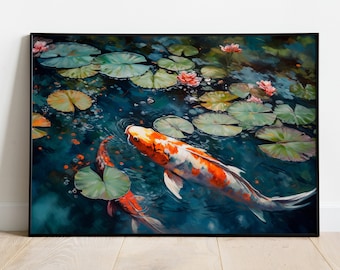 Koi pond on rainy day oil painting, single koi in pond art print, printable wall art, digital download, instant artwork
