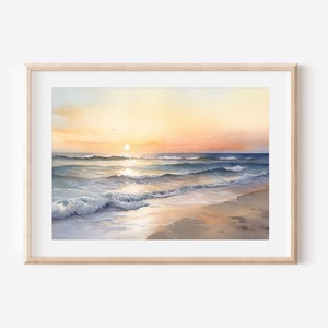 穏やかな海の日の出の水彩画 | 魅惑的なビーチの日の出の水彩画 | 印刷可能な壁アート | 瞬時に変身するアートワーク