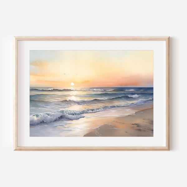 Peinture aquarelle Serene Ocean Sunrise | Captivante aquarelle de lever de soleil sur la plage | Art mural imprimable | Œuvre d'art instantanément transformatrice