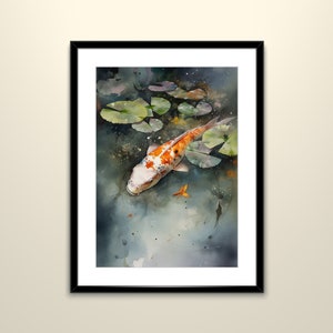 Koi Teich Aquarell, Koi im Teich am Regentag Kunstdruck, druckbare Wandkunst, digitaler download, sofortiges Kunstwerk