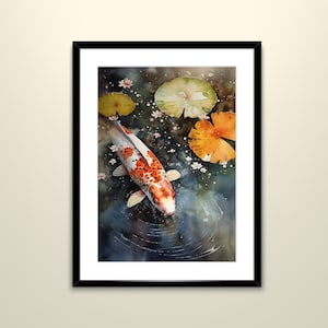 Koi pond watercolor painting, koi making ripples in pond on rainy day art print, printable wall art, digital download, instant artwork