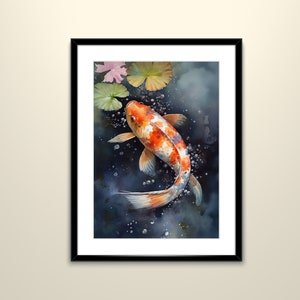 Koi Teich Aquarell, Koi machen Blasen im Teich an regnerischen Tag Kunstdruck, druckbare Wandkunst, digitaler Download, sofortiges Kunstwerk