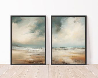 Set of 2 serene coastal landscape oil paintings with muted colors, oil painting, vintage, printable wall art, digital download, wall art
