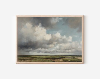 Landscape oil painting with big clouds, low horizon, brooding skies, vintage colors, printable wall art, digital download, wall art