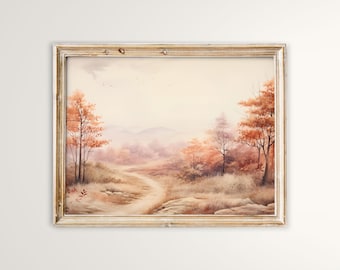 May include: A framed watercolour painting depicting a misty autumn landscape with a winding path leading through a forest. The trees are a mix of orange, red, and brown, and the sky is a soft, pale blue.