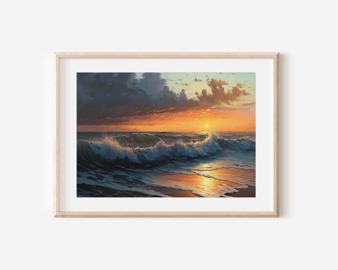 Oil Painting of a Majestic Sunset Over an Ocean With Waves Crashing ...