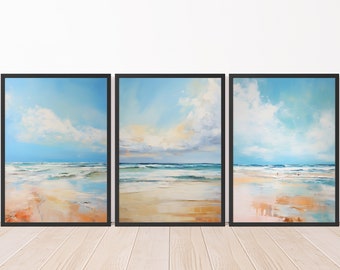 Tranquil Seascape Delight | Set of 3 Coastal Landscape Paintings | Captivating Summer Beach Scenes | Vintage Aesthetic | Printable Wall Art