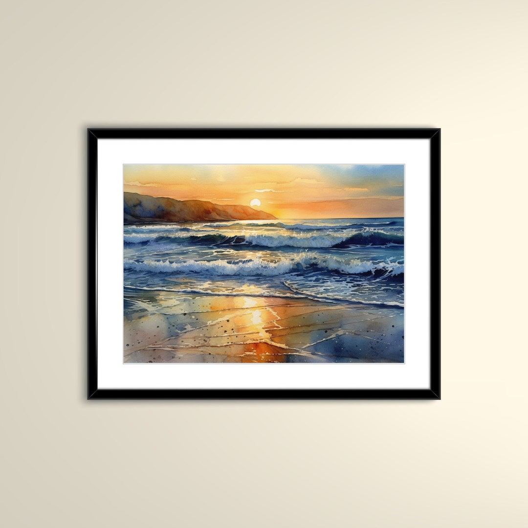 Beach Sunset Watercolor Painting, Sunset Over Ocean Painting, Printable
