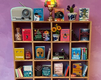 Miniature wooden Bookshelf with 20 Custom Mini Books, Dollhouse Accessories, scale 1:12, mini books with front cover, back cover and spine