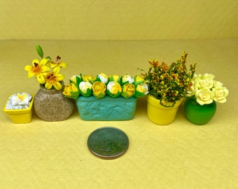 5 Miniature Potted Plant/flowers Bundle, Yellow Themed, Scale 1:12