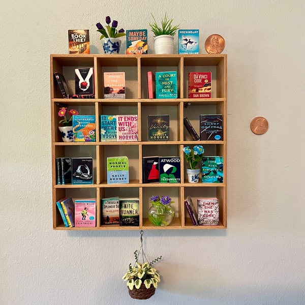 Miniature Wood Bookshelf with 30 Custom Mini Books, 5 mini potted plants,  & 1 mini hanging plant. Tiny Custom Books, Dollhouse, Scale 1:12