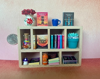 Miniature Wooden Bookshelf with 15 Custom Mini Books, 1:12 Scale, plus trinkets, plants, mini books with front cover, back cover and spine