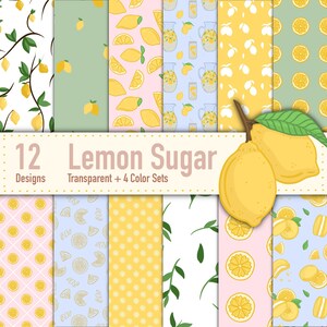 May include: Twelve digital paper designs featuring lemon and sugar themed patterns. The patterns include lemons, lemon slices, leaves, polka dots, and diagonal lines. The text "12 Designs" and "Lemon Sugar" is displayed on a banner.