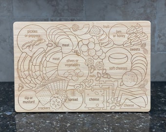 Könnte beinhalten: Ein Schneidebrett aus Holz mit einem lasergravierten Design für ein Käse- und Wurstbrett. Das Design umfasst Bereiche für Käse, Cracker, Fleisch, Oliven, Gemüse, Obst, Marmelade, Honig, Nüsse und Süßwaren. Das Brett ist aus natürlichem Bambus.