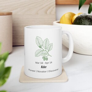 Mug en céramique arbre/plante de mois de naissance 11 oz, 18 mars-14 avril, aulne, horoscope, plante de naissance, arbre de naissance, astrologie de l'arbre celtique, cadeau d'anniversaire